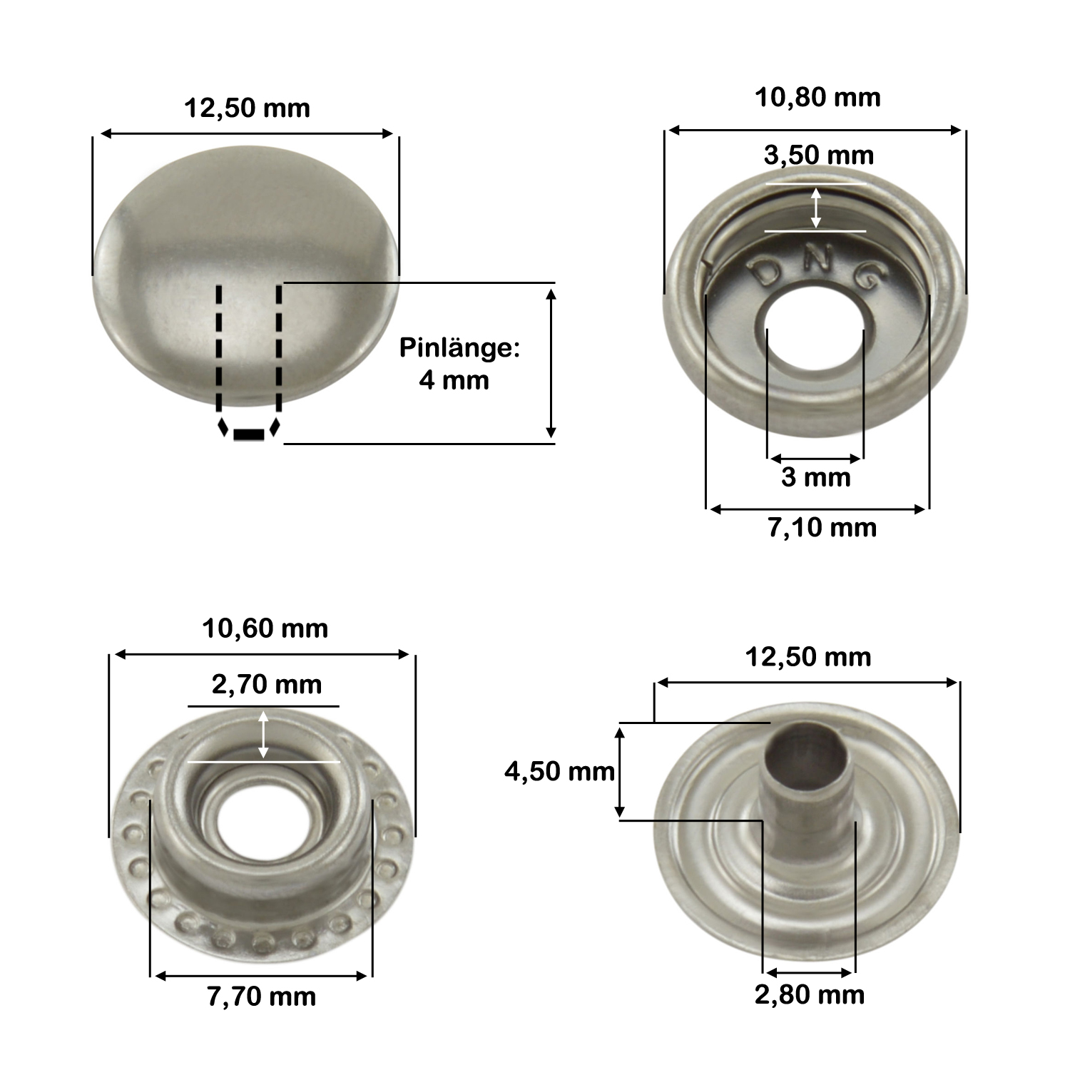 Maßskizze — Ringfeder AltSilber, Kappendurchmesser 12,5 mm
