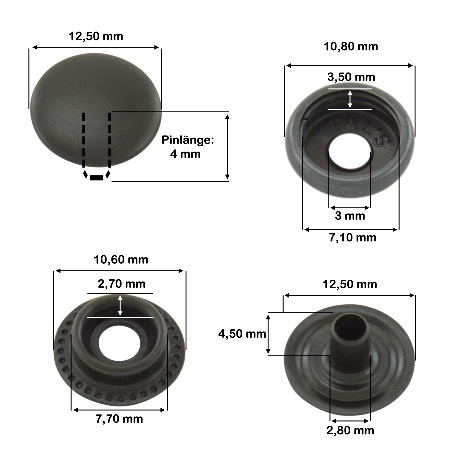Maßskizze — Ringfeder Schwarz, Kappendurchmesser 12,5 mm