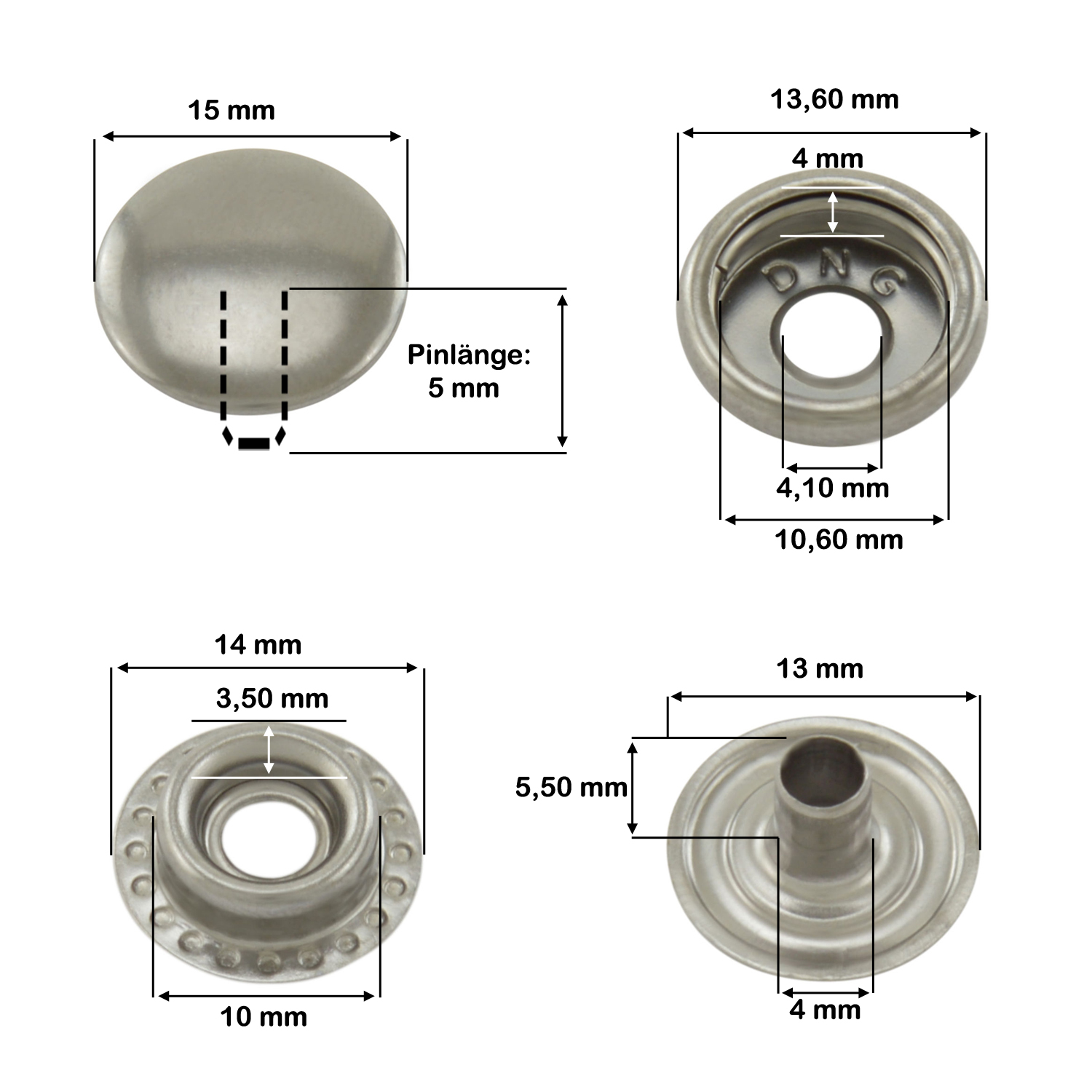 Maßskizze — Ringfeder AltSilber, Kappendurchmesser 15 mm