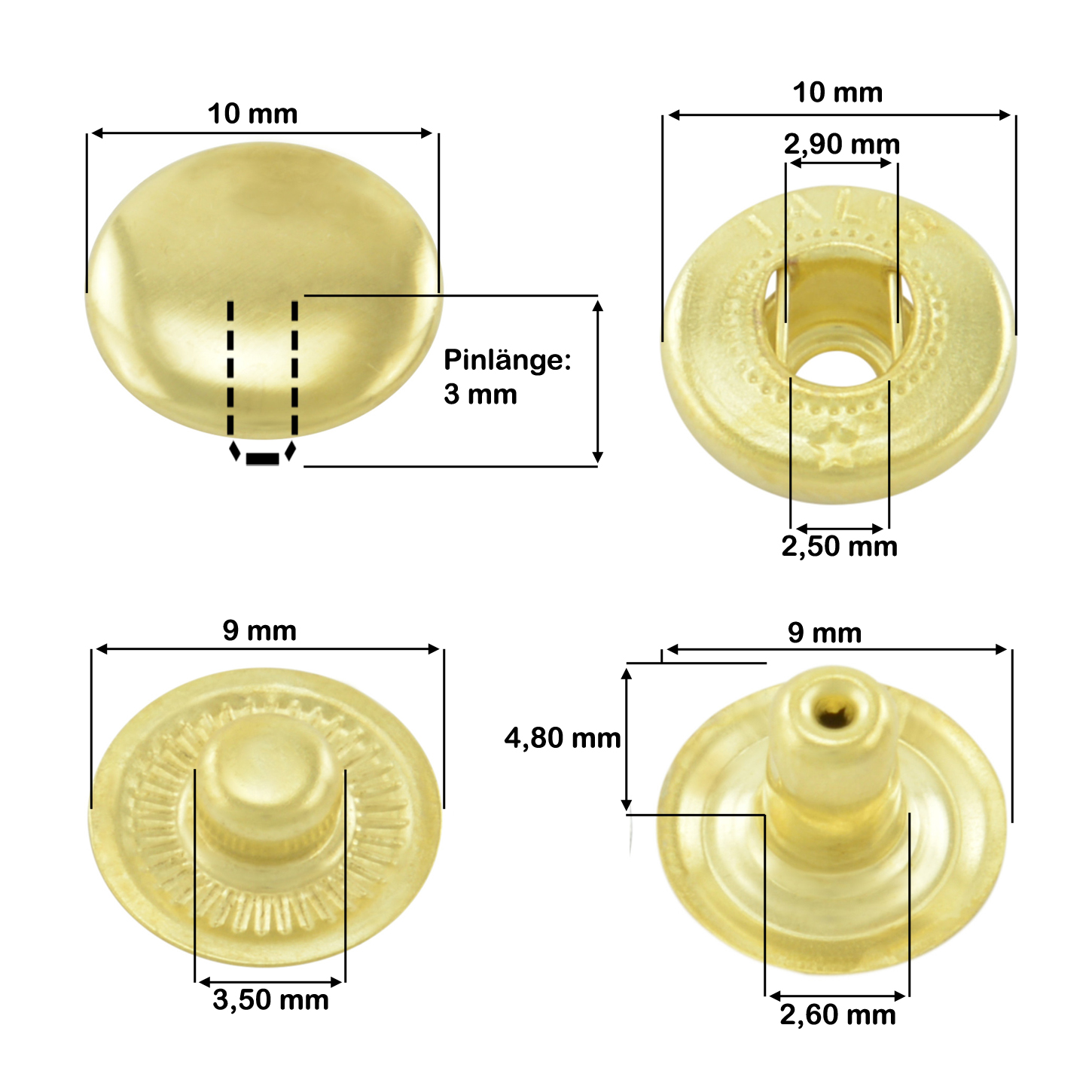 Druckknopfmasse S Feder gold 10mm