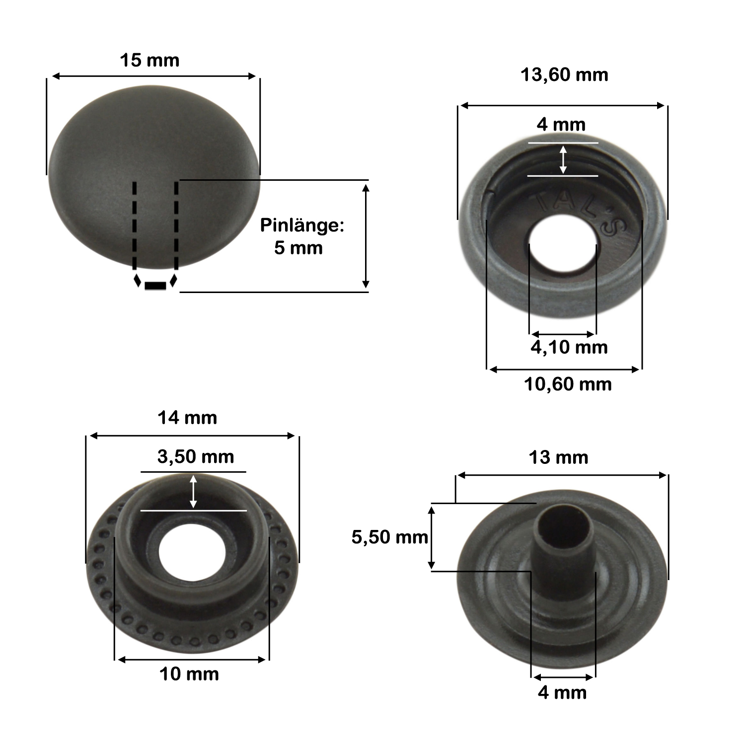 Maßskizze — Ringfeder Schwarz, Kappendurchmesser 15 mm