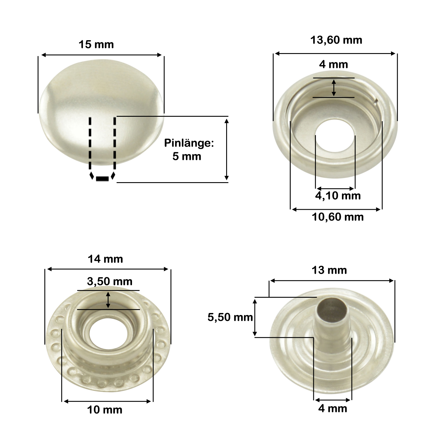 Maßskizze — Ringfeder Silber, Kappendurchmesser 15 mm