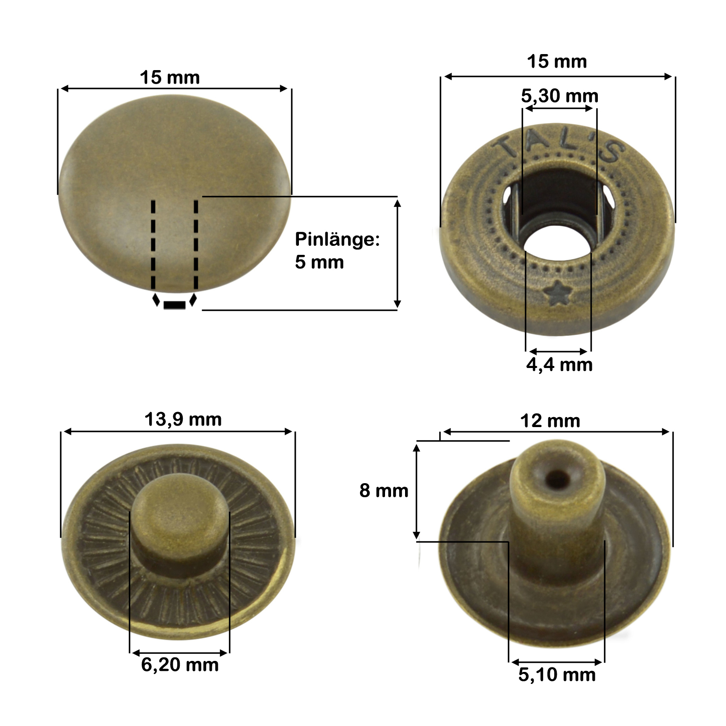 Druckknopfmasse S Feder antik 15mm