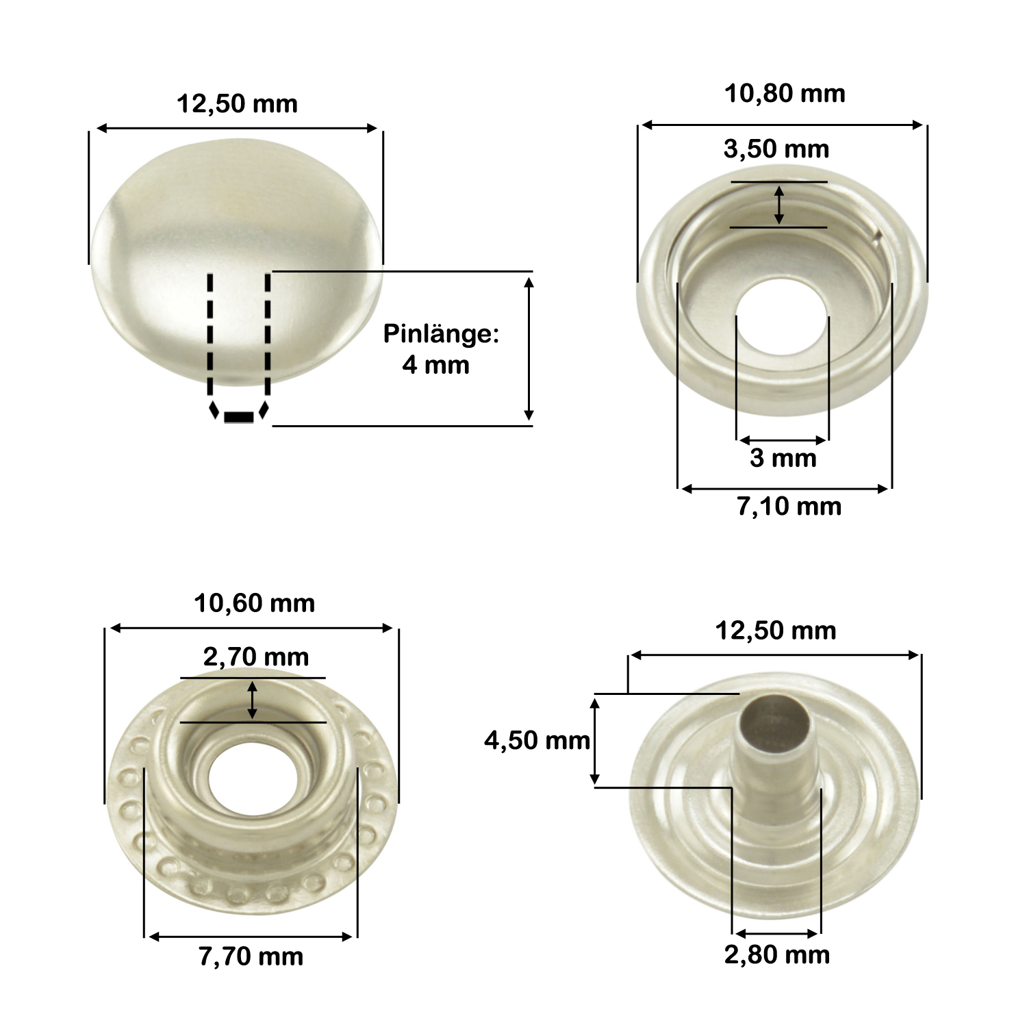 Maßskizze — Ringfeder Silber, Kappendurchmesser 12,5 mm