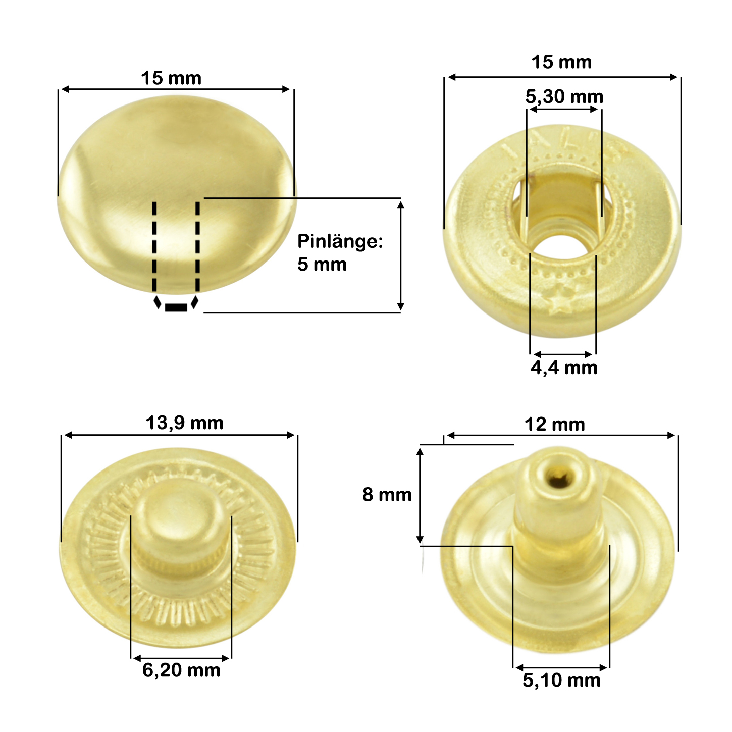 Druckknopfmasse S Feder gold 15mm